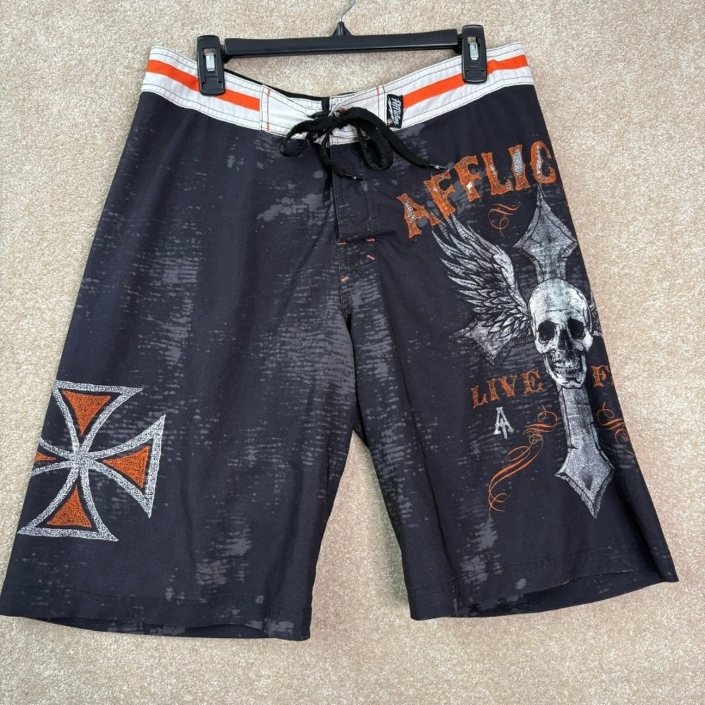 AFFLICTION Board Shorts Men's 34 Black Orange Skull Cross Graphic Y2K MMA Biker